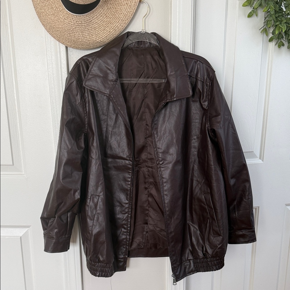 Men's Lightweight Faux Leather Jacket - Dark Brown
